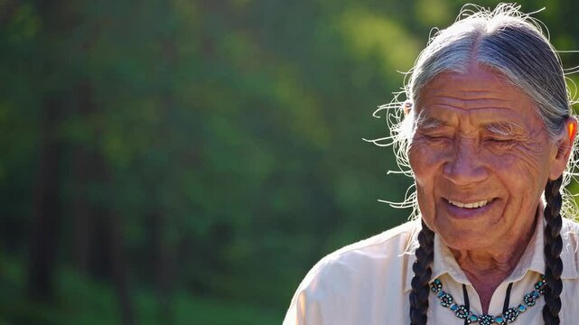 Elder man with long hair smiles warmly in a natural setting during golden hour