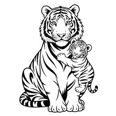 Fototapeta premium Mother tiger holding baby by the scruff in black and white vector wildlife illustration showing maternal care