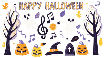 Happy halloween scene with pumpkins, ghosts, music notes, trees and other spooky elements artfully arranged