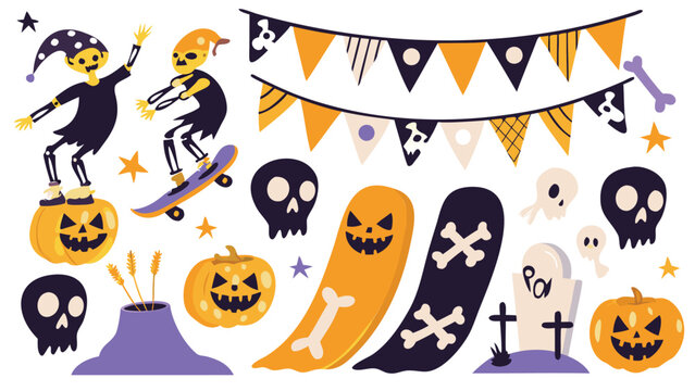 Halloween themed illustration with skeletons, pumpkins, ghosts and decorative elements all arranged together
