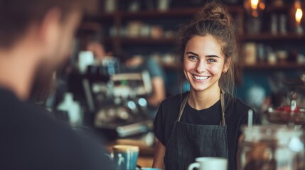 Happy waitress with a friendly smile taking an order from a customer in a bustling cafe, with coffee cups and pastries on the table.