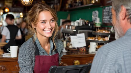 Happy waitress with a friendly smile taking an order from a customer in a bustling cafe, with coffee cups and pastries on the table.
