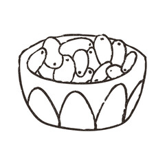 Olives bowl, cartoon doodle vector illustration isolated on white background. Hand drawn outline art with grunge texture. Concepts of restaurant, cafe and food.