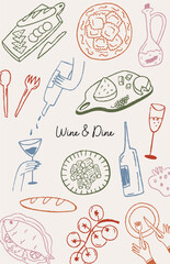 Poster for mediterranean restaurant, hand drawn doodle outline style with grunge texture, retro drawing. Print for elegant dinner advertisement. Pasta, cheese board, ravioli. Vector illustration.