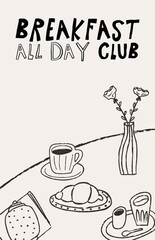 Poster for cafe, breakfast all day club, hand drawn doodle outline style with grunge texture, retro drawing. Print for brunch and bakery advertisement. Vector illustration.
