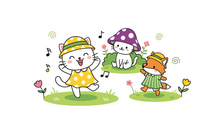 Cute Cartoon Animals Dancing and Playing Music in Spring Garden Vector Illustration: Happy Cat, Fox, and Kitten with Flowers, Whimsical Forest Friends, Joyful Outdoor Fun.