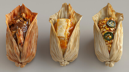 tamales artfully unwrapped to reveal diverse fillings including a spicy corn and jalapeño mix, showcasing authentic Mexican culinary artistry