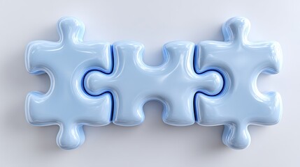 Obraz premium Three Shiny Light Blue Puzzle Pieces Connected on a White Background, Detailed Design