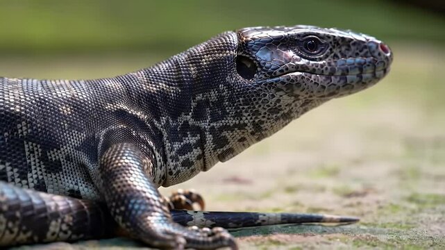 Detailed Close-up of a Black and White Tegu Lizard Resting Outdoors, Showcasing Intricate Scales and Reptilian Features in Natural Sunlight