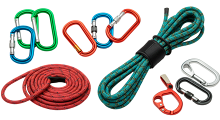 Assorted climbing gear featuring ropes and carabiners in various colors against a black background