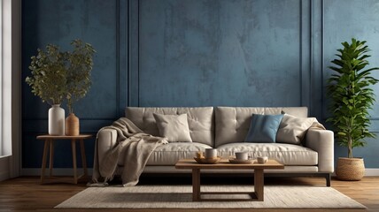 Fototapeta premium Modern Cozy Living Room with Blue Wall