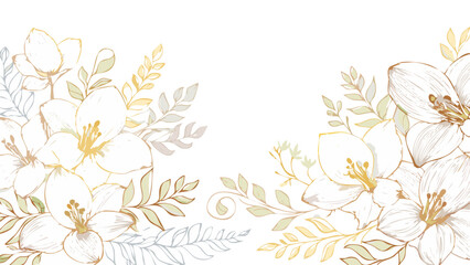 Luxury Golden Floral Line Art Background – Elegant Hand-Drawn Flowers and Leaves Vector Design


