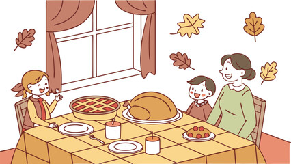Happy family enjoying a festive thanksgiving dinner with a roasted turkey and apple pie surrounded by autumn leaves and warm curtains