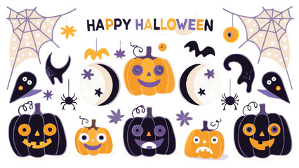 Happy halloween themed illustration with pumpkins, ghosts, moons, and spider webs artfully arranged