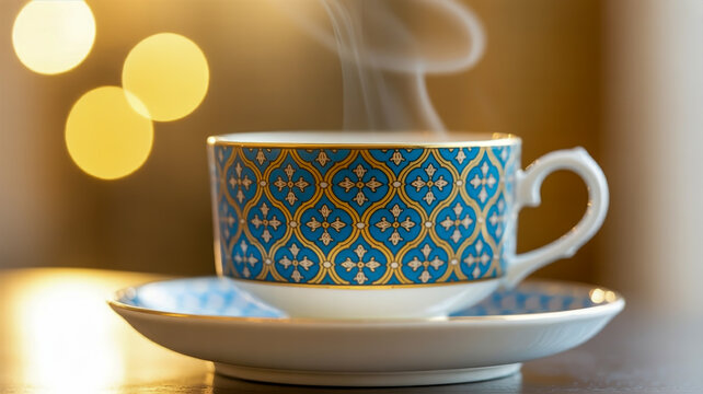 A close-up photograph of an ornate porcelain teacup and saucer against a warm golden bokeh background. - Powered by Adobe