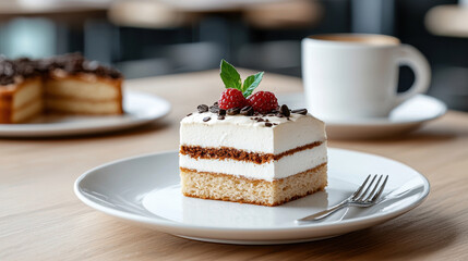 Delicious cake slice topped with raspberries and chocolate on white plate, accompanied by cup of coffee, creating cozy atmosphere