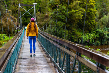 girl hiker walking on suspension bridge along trail to Lake Matheson, admiring lush green...