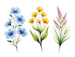 Delicate blue yellow pink floral botanical watercolor illustration flowers