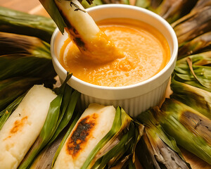 Otak-Otak is a traditional Indonesian fish cake made from minced fish wrapped in banana leaf, grilled, and served with peanut sauce