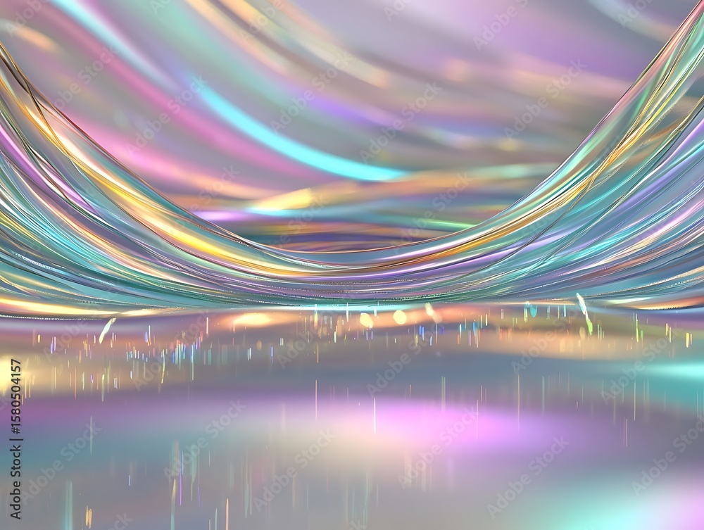 Poster abstract flowing waves with iridescent colors and soft reflections creating a dreamy and vibrant atm