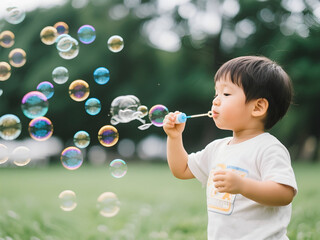 a boy is playing with soap bubbles
