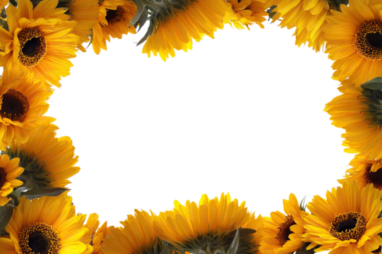 Sunny floral border of blooming sunflowers, isolated on transparent cutout background - Powered by Adobe