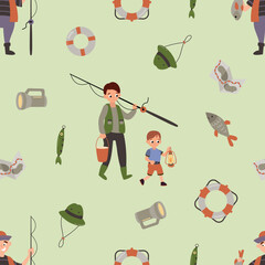 Seamless Pattern of Father and Son Fishing. Design for fabric, textile, wallpaper, packaging
