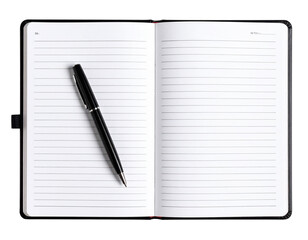 Notebook with Pen Resting Diagonally Across Page, Overhead View, isolated