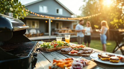 Backyard barbecue party with friends and family grilling burgers and enjoying outdoor summer food feast