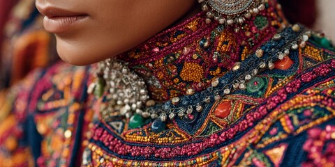 Close-up of Woman's Neck Adorned with Intricate Colorful Embroidery