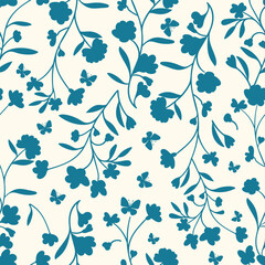 Minimal blue floral foliage seamless pattern on white background, designed for fabric prints, home decor, wallpaper, digital use and eco-friendly packaging.