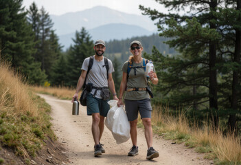 Happy male hiker with a backpack and a trash bag on a scenic mountain path, embodying environmental responsibility and active outdoor living, perfect for eco-tourism campaigns.
