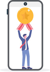 Winner with prize.Character celebrating first place.victory with golden medal.

