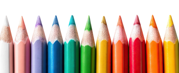 Set of colorful sharpened pencils in row, isolated on transparent cutout background