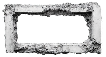 Rough concrete frame with damaged edges, isolated on transparent cutout background