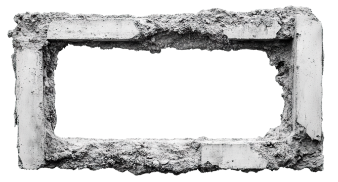 Rough concrete frame with damaged edges, isolated on transparent cutout background