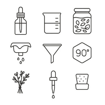 Herbal Tincture Icons. Line style icons of Herbal Tincture Bar: amber dropper bottle, graduated beaker, maceration jar, straining