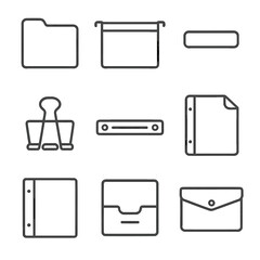 Filing Accessories Icons. Line style icons of Paper Filing Accessories: manila folder, hanging file, tab label, binder clip, paper