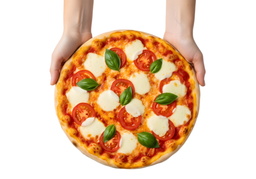 Hands Holding a Classic Margherita Pizza with Tomatoes, Mozzarella, and Fresh Basil on a Transparent Background