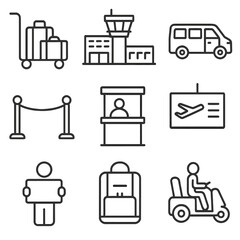 Airport Taxi Icons. Line style icons of Airport Taxi Services: luggage trolley, terminal building, shuttle van, queue barrier,
