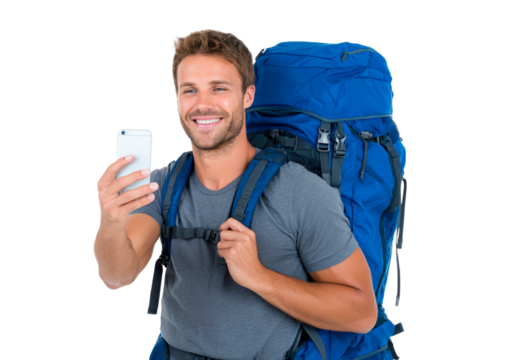 Happy traveler taking a selfie in blue backpack for adventure journey on transparent background, PNG