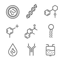 Lipid Nanoparticle Components. Line style icons of Lipid Nanoparticle Delivery: LNP vesicle, mRNA strand, PEG lipid, ionizable