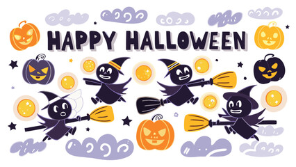 Happy halloween themed illustration with ghosts pumpkins and other spooky elements scattered around it