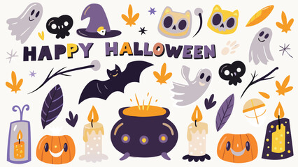 Happy halloween themed illustration with ghosts pumpkins and other spooky elements scattered around it