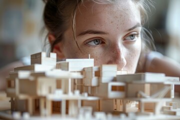 Female architect examining a scale model of a modern, eco friendly building, focusing on sustainable design and innovative architecture