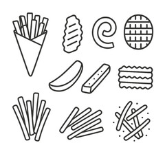 Fototapeta premium Fries Line Icons. Line style icons of French Fries Variety: paper cone of fries, crisscut fry, curly fry, waffle fry, steak fry,