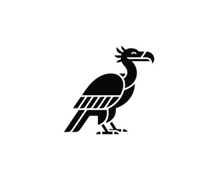 Geometric vulture vector silhouette logo in minimalist black and white style, featuring hooked beak, talons, and sharp feathered tail