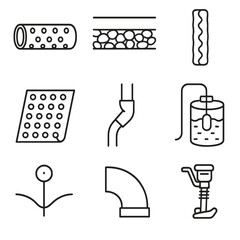 Foundation Drainage Icons. Line style icons of Foundation Drainage Systems: perforated drain pipe, gravel trench, geotextile sock,