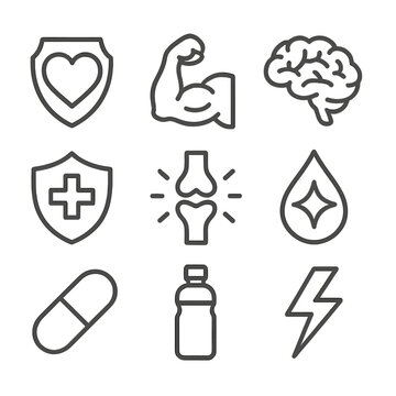 Frozen Pea Benefits Icons. Line style icons of Frozen Pea Health Benefits: heart emblem, muscle arm, brain memory icon, immune