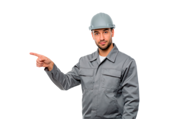 Confident construction worker in hard hat pointing for direction guidance on transparent background, PNG